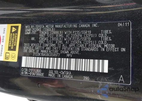 2011 Lexus Rx 350 from USA, damaged, VIN 2T2ZK1BA5BC058977